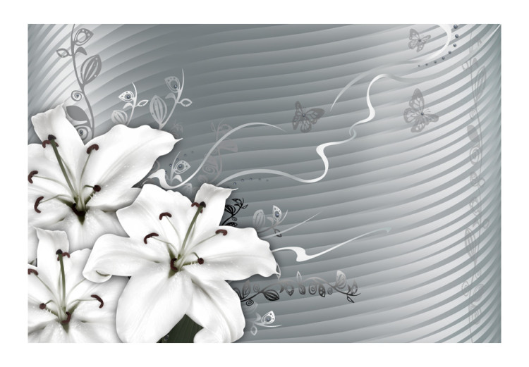 Fototapeta Fantazja z ornamentami - białe lilie na szarym geometrycznym tle 97181 additionalImage 1