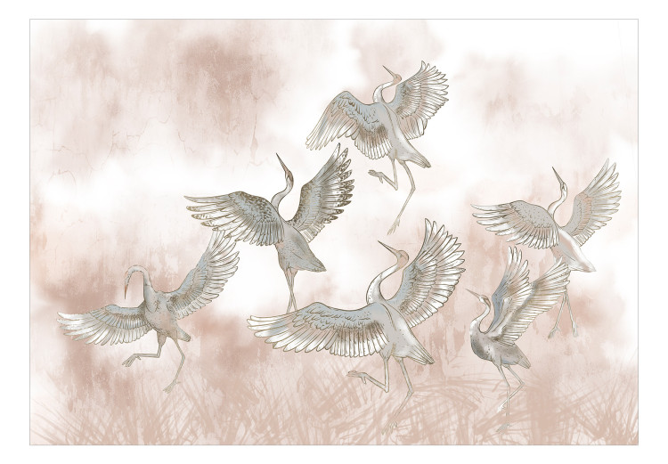 Fototapeta Roztańczone czaple - rysunkowe przedstawienie ptaków w dynamicznych pozach na abstrakcyjnym tle w odcieniu powder pink 138402 additionalImage 1