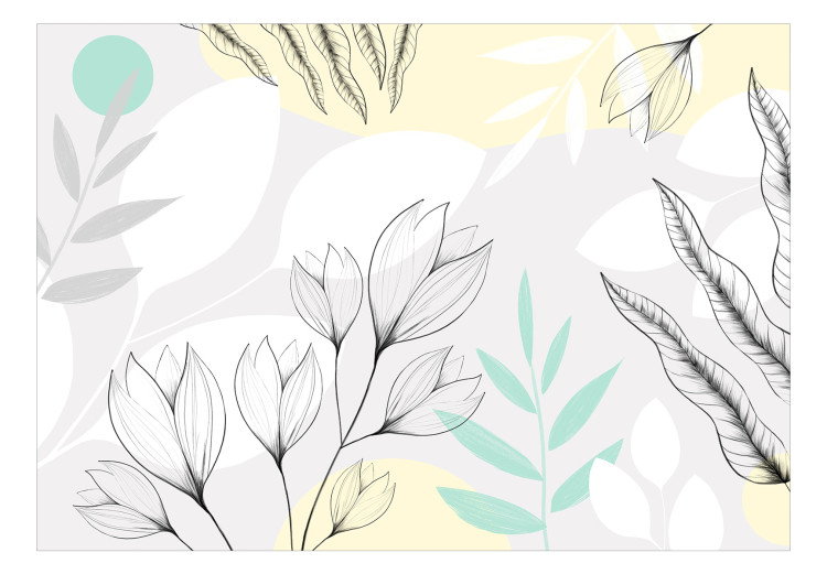 Fototapeta Podmuch wiosny – kompozycja z kwiatami i liśćmi w bieli i szarości 138802 additionalImage 1