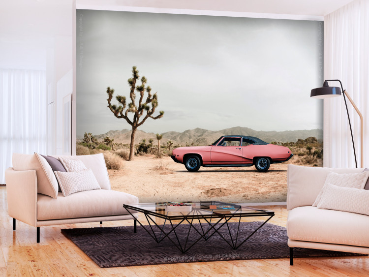 Fototapeta Różowy, amerykański klasyk - fotografia pustyni z samochodem i górami 136322