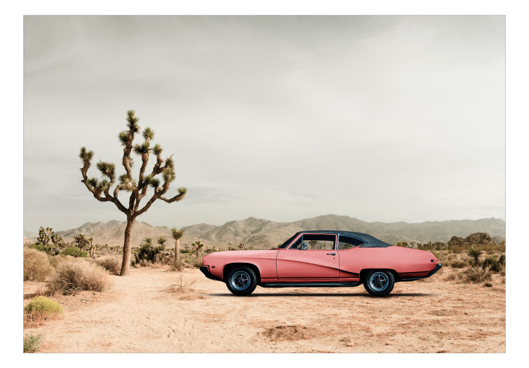 Fototapeta Różowy, amerykański klasyk - fotografia pustyni z samochodem i górami 136322 additionalImage 1