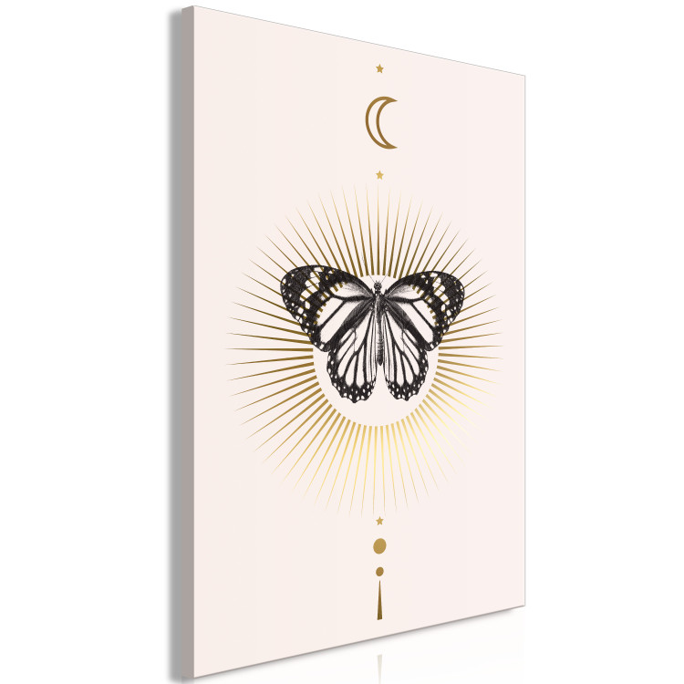 Obraz Czarno-biały motyl na tle słońca - motyl na kompozycji z księżycem, słońcem i planetami układu słonecznego na perłowym tle w stylu scandiboho 136522 additionalImage 2