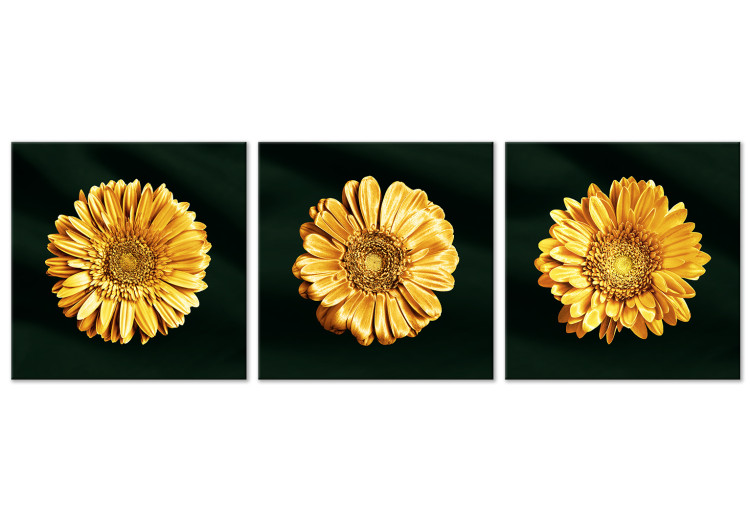 Obraz Złote słoneczniki - tryptyk w stylu glamour ze złotymi kwiatami 132132
