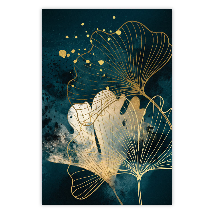Plakat Natura w abstrakcji - złote liście miłorzębu i turkusowe akwarele 145103