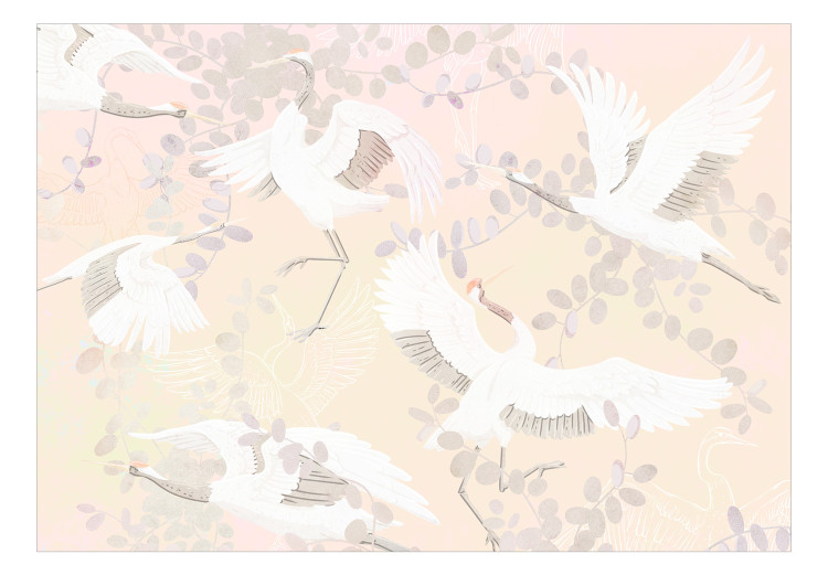Fototapeta Tańczące zwierzęta - motyw ptaków wśród liści na tle w odcieniach różu 143933 additionalImage 1