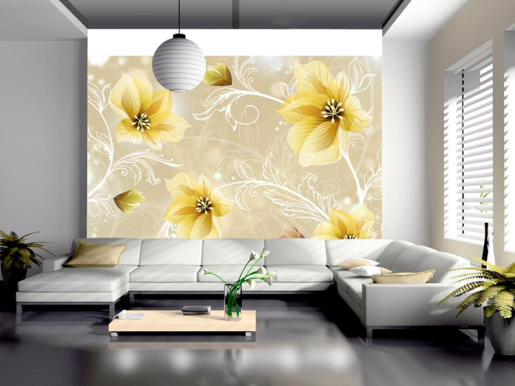 Fototapeta Motyw kwiatowy - żółte kwiaty na beżowym tle z fantazyjnym wzorze 60833