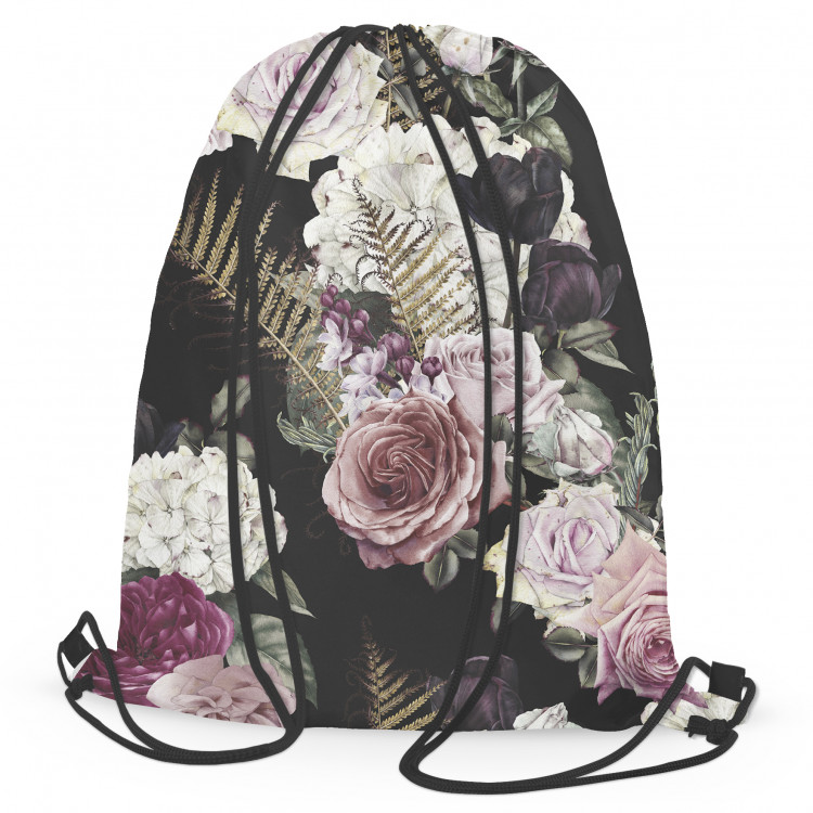 Worek plecak Mistyczny bukiet - kompozycja kwiatów róż i hortensji na czarnym tle 147373