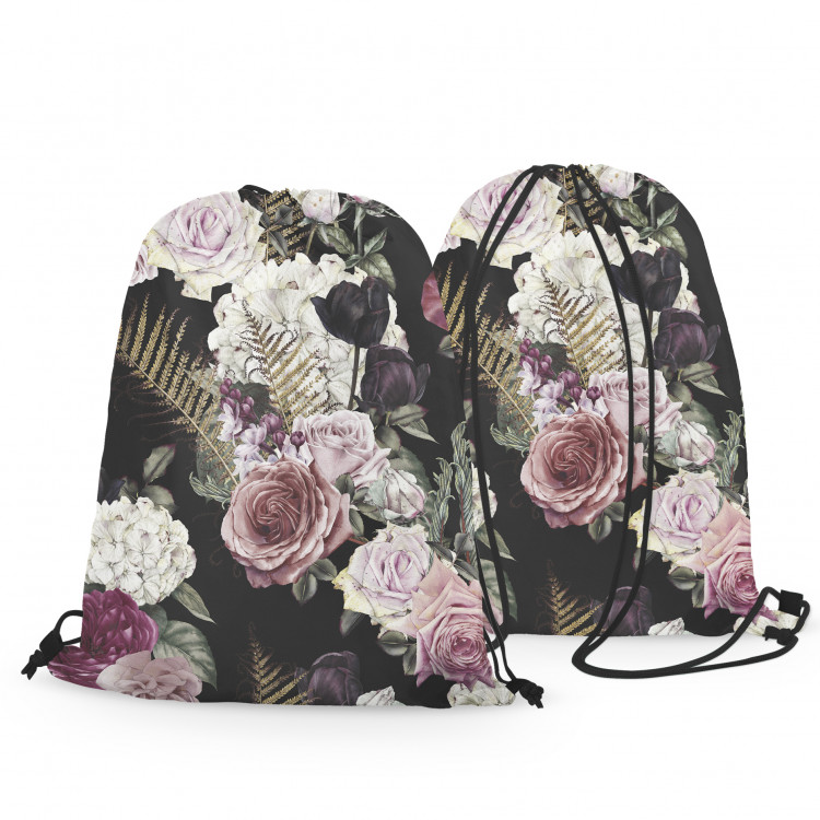 Worek plecak Mistyczny bukiet - kompozycja kwiatów róż i hortensji na czarnym tle 147373 additionalImage 2