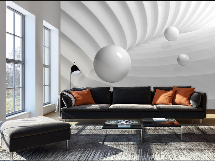 Fototapeta Kształtna symetria - abstrakcja z białymi lśniącymi kulami w korytarzu 64293