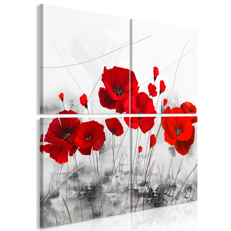 Obraz Czerwone maki na łące (4-częściowy) - kwiaty na szarym tle natury 118434 additionalImage 2