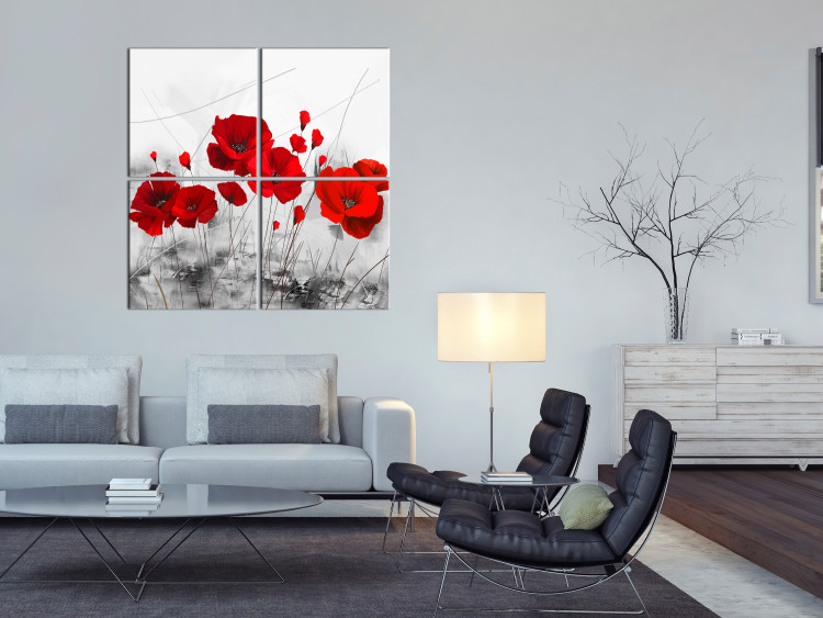 Obraz Czerwone maki na łące (4-częściowy) - kwiaty na szarym tle natury 118434 additionalImage 3