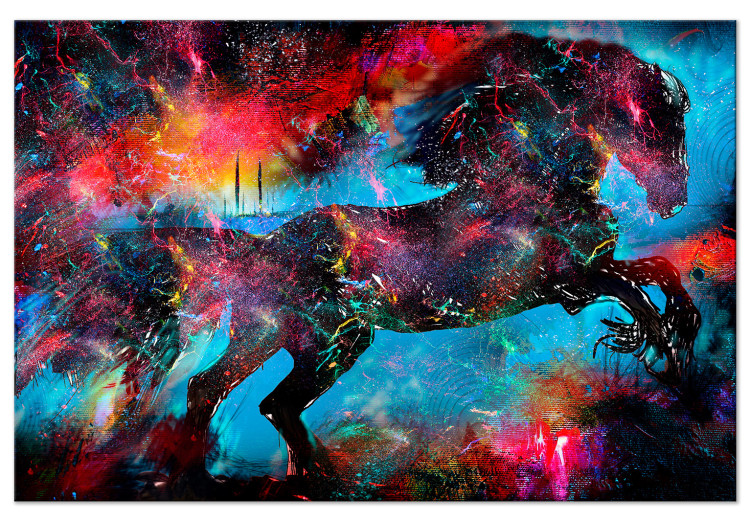 Obraz Mityczny koń - kolorowa abstrakcja z czarnym zwierzęciem 131644