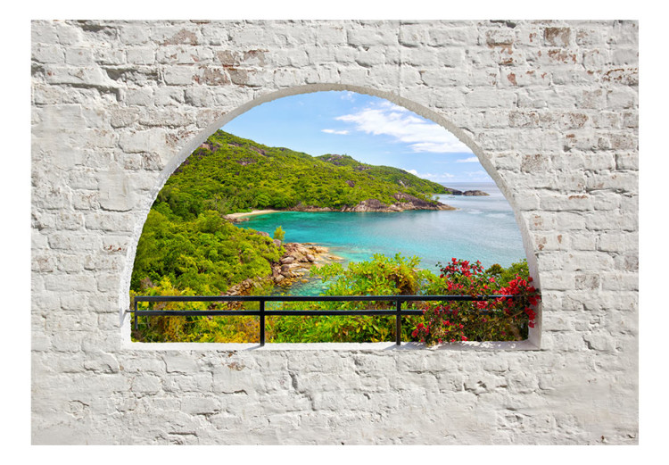 Fototapeta Widok z okna - pejzaż z turkusowym morzem i wyspą otoczony białą cegłą 89844 additionalImage 1