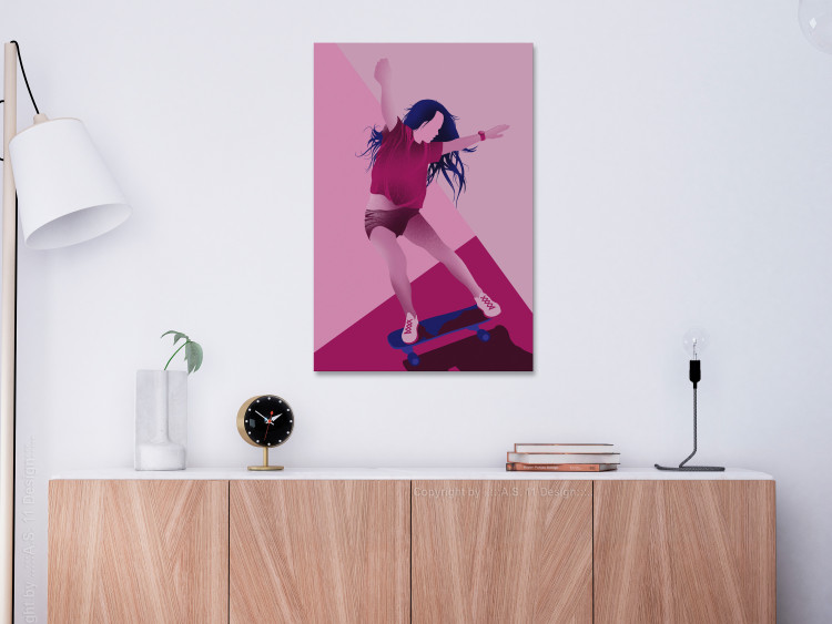 Obraz Moc jazdy - różowa grafika z postacią kobiety jadącej na desce idealny do pokoju dziewczynki lub nastolatki 123354 additionalImage 3