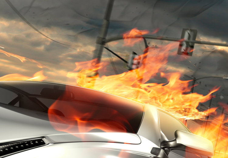 Fototapeta Samochody sportowe - uliczny wyścig w płomieniach na tle miasta 147654 additionalImage 4