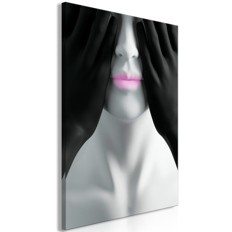 Obraz Różowe usta - czarno-biały portret postaci zasłaniającej oczy 116974 additionalImage 2
