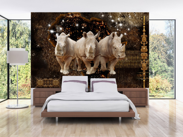 Fototapeta Trzy nosorożce - zwierzęta na nocnym tle z dodatkiem złota 125784