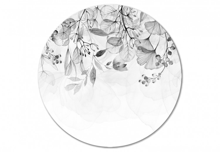 Obraz w kształcie koła Akwarela - przezroczyste czarno-białe gałązki, kwiatki i listki 148694