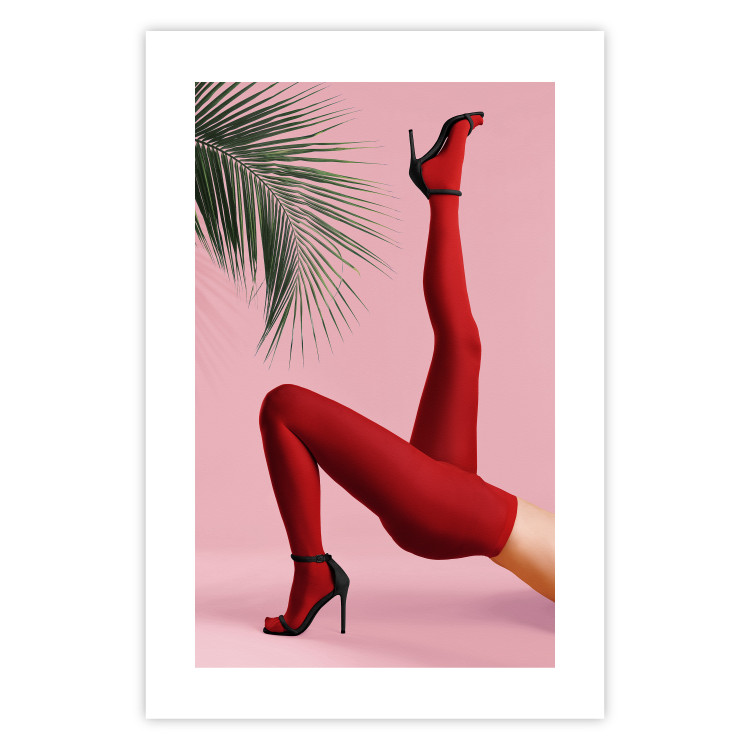 Plakat Czerwone rajstopy - kobiecie nogi, szpilki i liść palmy na różowym tle 144125 additionalImage 19