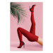 Plakat Czerwone rajstopy - kobiecie nogi, szpilki i liść palmy na różowym tle 144125