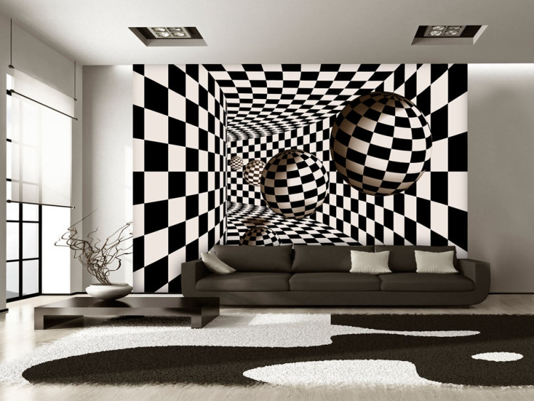 Fototapeta Abstrakcja 3D w tunelu - iluzja korytarza w czarno-białą szachownicę 64025
