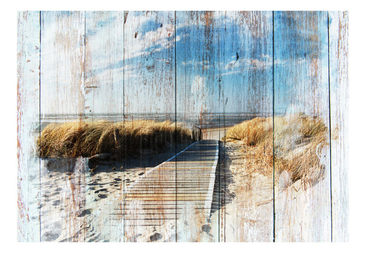 Fototapeta Pejzaż lata - piaszczysta plaża i morze na tle o teksturze drewna 92025 additionalImage 1