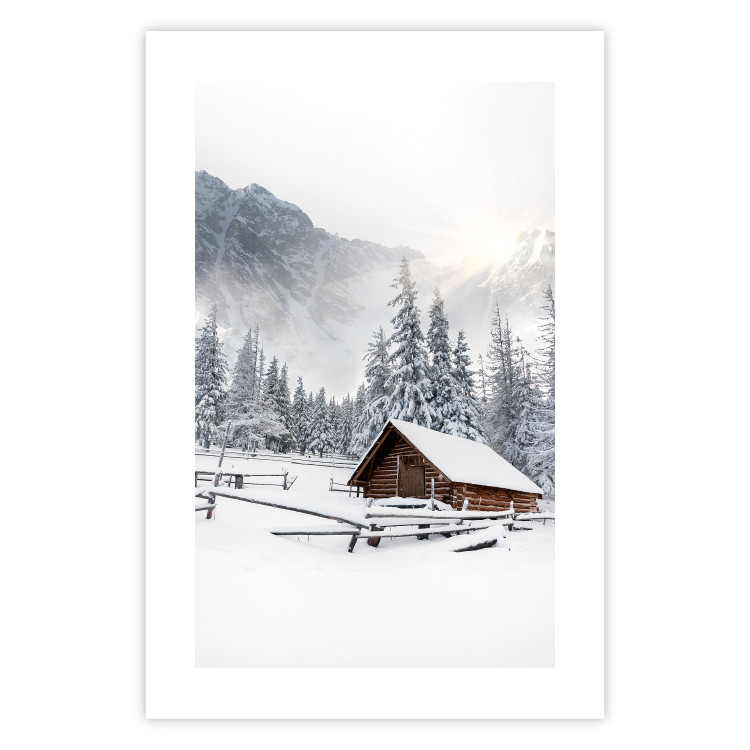 Plakat Zimowy poranek - pejzaż wschodu słońca nad górami, chatą i lasem 148435 additionalImage 20