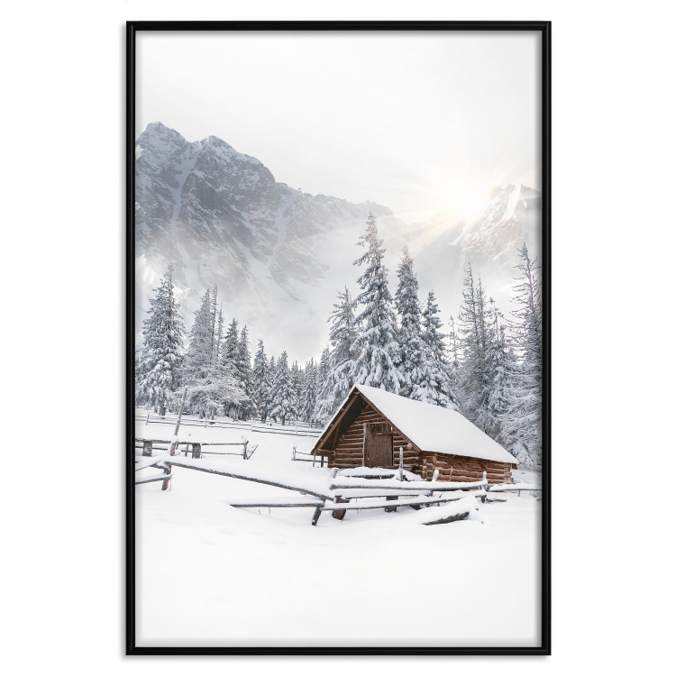 Plakat Zimowy poranek - pejzaż wschodu słońca nad górami, chatą i lasem 148435 additionalImage 21