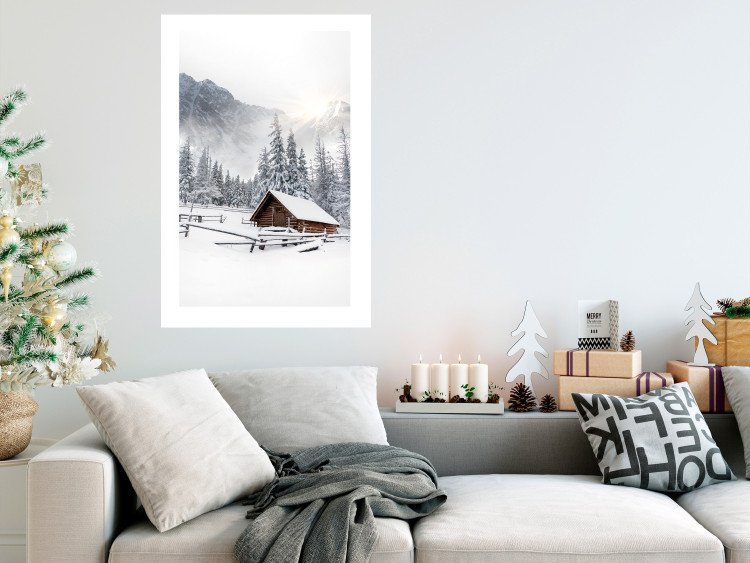 Plakat Zimowy poranek - pejzaż wschodu słońca nad górami, chatą i lasem 148435 additionalImage 10