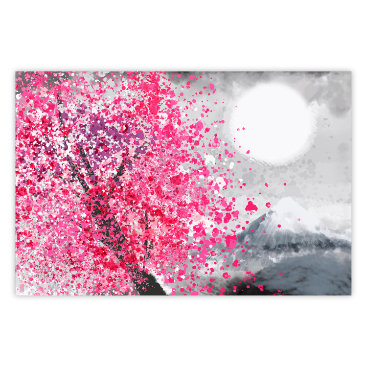 Plakat Japońskie widoki - pejzaż z górą Fudżi i różowym drzewem 145755