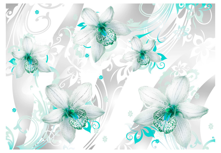 Fototapeta Dźwięki subtelności - turkusowe kwiaty na tle o fantazyjnym wzorze 60455 additionalImage 1