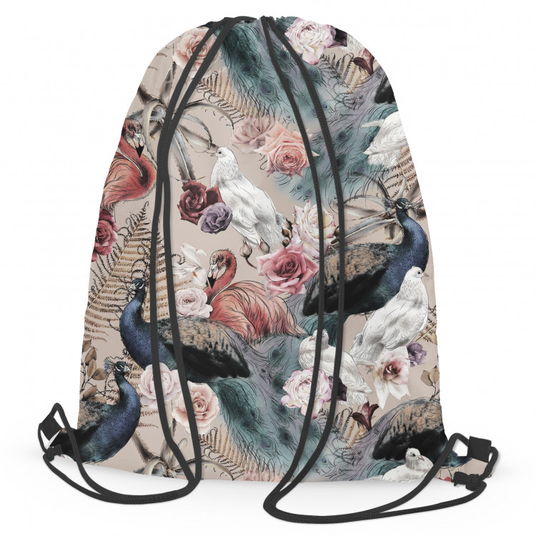 Worek plecak Nadworne piękności - paprocie, róże i egzotyczne ptaki na beżowym tle 147365