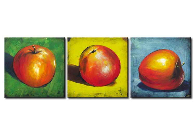Obraz Martwa natura (3-częściowy) - motyw czerwonych jabłek na kolorowym tle 48465