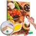 Obraz do malowania po numerach Włoskie smaki - warzywa i przyprawy na kuchennym drewnianym blacie 148875