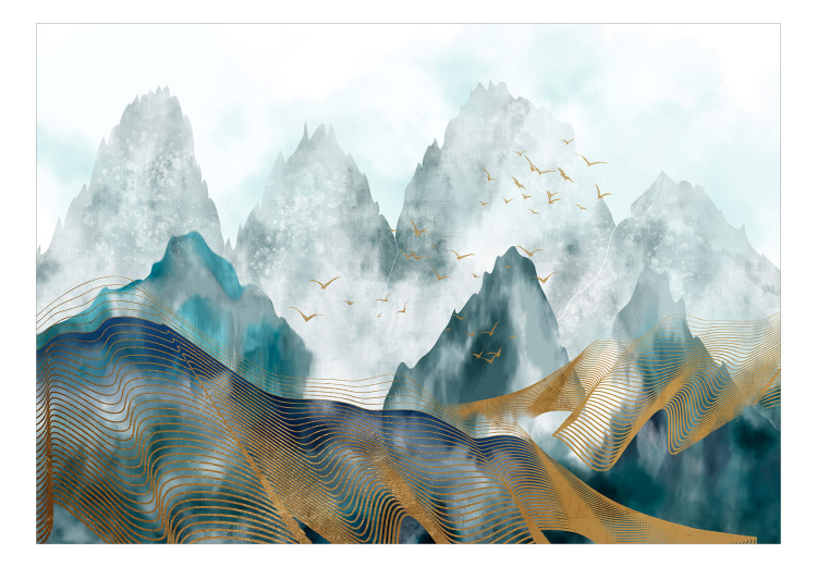 Fototapeta Kobaltowe góry - pejzaż malowany błękitną akwarelą i złotem 148806 additionalImage 1