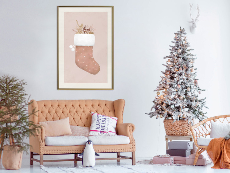 Plakat Boże Narodzenie w pastelach - świąteczna skarpeta z gałązkami roślin 148036 additionalImage 17