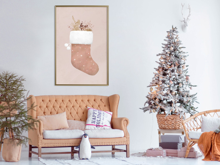 Plakat Boże Narodzenie w pastelach - świąteczna skarpeta z gałązkami roślin 148036 additionalImage 12