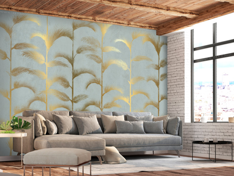 Fototapeta Niebieski gaj palmowy - abstrakcja ze złotymi palmami w stylu art deco 143196