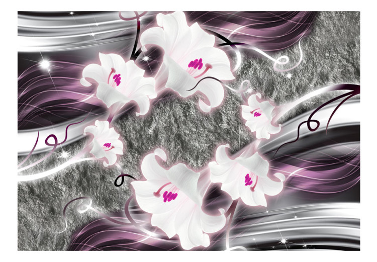 Fototapeta Zaczarowane lilie - abstrakcyjny motyw kwiatów na szarym tle z falami 97327 additionalImage 1