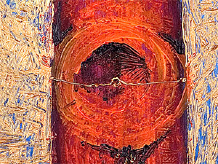 Obraz Rogata postać - abstrakcyjna, kolorowa sylwetka na fioletowym tle 49067 additionalImage 2