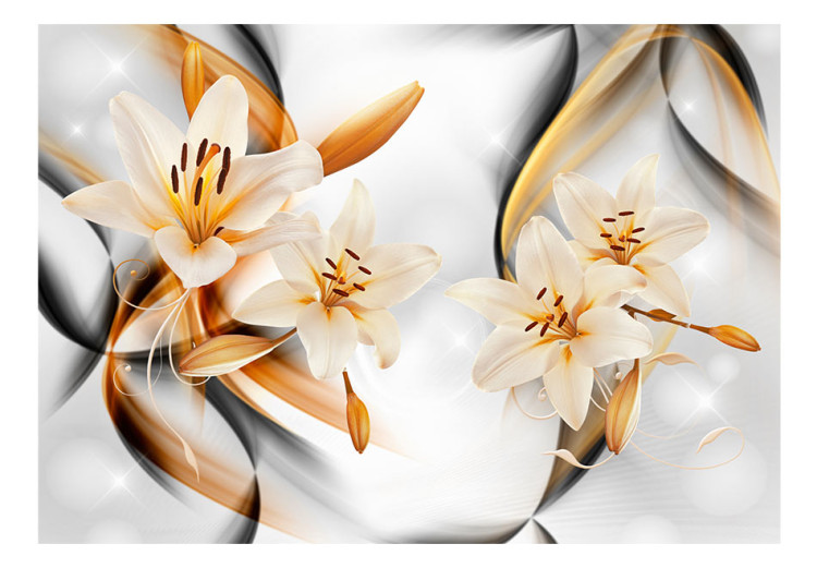 Fototapeta Pomarańczowe lilie - rozkwitnięte kwiaty na szarym tle z deseniami 64177 additionalImage 1