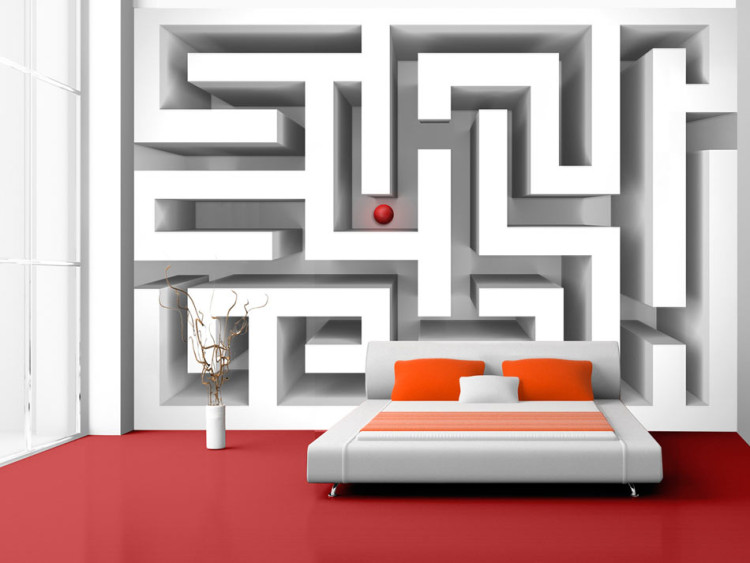 Fototapeta Nowoczesna abstrakcja - biały geometryczny labirynt z czerwoną kulką 97608