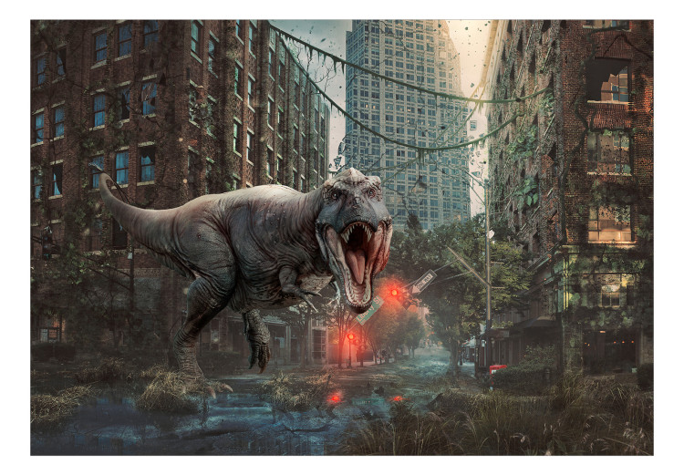 Fototapeta Motyw fantasy - dinozaur w otoczeniu zniszczonej architektury miasta 125118 additionalImage 1