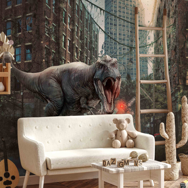 Fototapeta Motyw fantasy - dinozaur w otoczeniu zniszczonej architektury miasta 125118 additionalImage 4