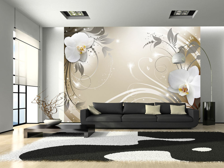 Fototapeta Kwietna abstrakcja - białe kwiaty orchidei ze srebrnymi ornamentami 59718