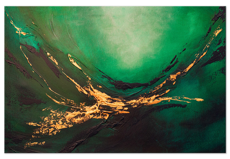 Obraz Malowana abstrakcja - smugi czerni i złota na tle głębokiej zieleni 148438