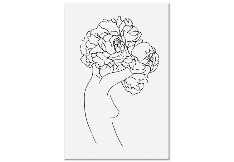 Obraz Postać z kwiatkiem - czarno-biała, linearna sylwetka kobiety i kwiaty 132178