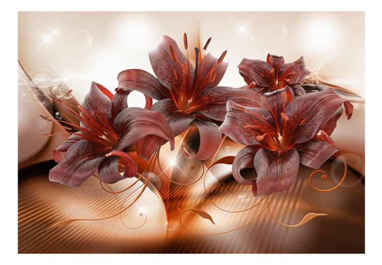 Fototapeta Ogniste lilie - abstrakcja z kwiatami z rozświetlonym tłem i deseniami 64178 additionalImage 1