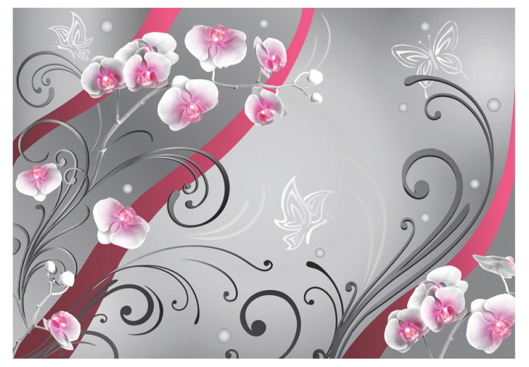 Fototapeta Różowy akcent - orchidee w kompozycji z ornamentami na szarym tle 97188 additionalImage 1