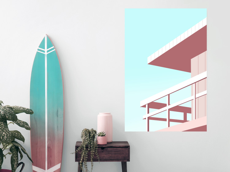 Plakat Wakacje na plaży - minimalistyczna różowa wieża ratownika na tle nieba 144119 additionalImage 8